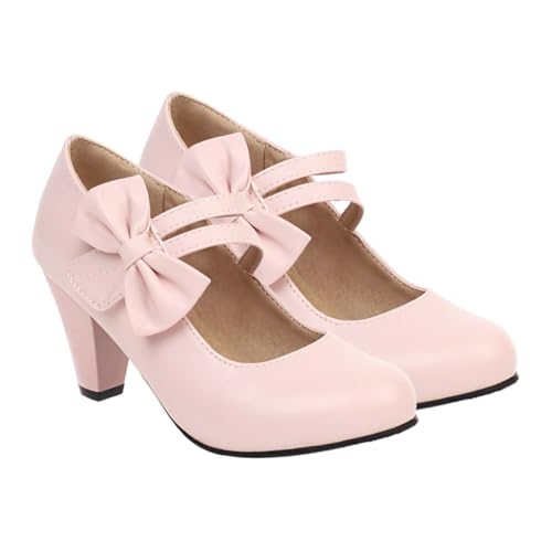 FOMIYES Damen High Heels mit Kreativem Schleifen Design PU Material rutschfeste Gummisohle Mary Pumps mit Breitem Absatz Elegant für Partys Büro und Besondere Anlässe Rosa von FOMIYES