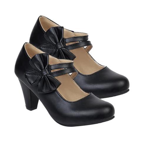 FOMIYES Damen High Heels mit Schleife Leichter Grober Absatz PU Material Bequeme Mary Pumps Geeignet für Partys und Alltag Schwarze Chunky Heels von FOMIYES