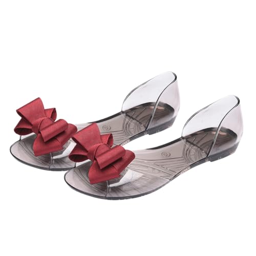 FOMIYES Damen Jelly Flats Sandalen mit Schleife Flach Leicht Anzuziehen Sommerliche Strandschuhe Atmungsaktiv Rot Modisch und für Alltag und Urlaub von FOMIYES