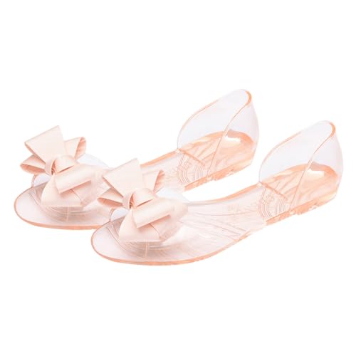 FOMIYES Damen Jelly Sandalen Flach Sommer Schuhe Bowknot Design Leicht Ausziehen Strand Schuhe Beige Komfortabel Modisch Lässige Sommerschuhe von FOMIYES