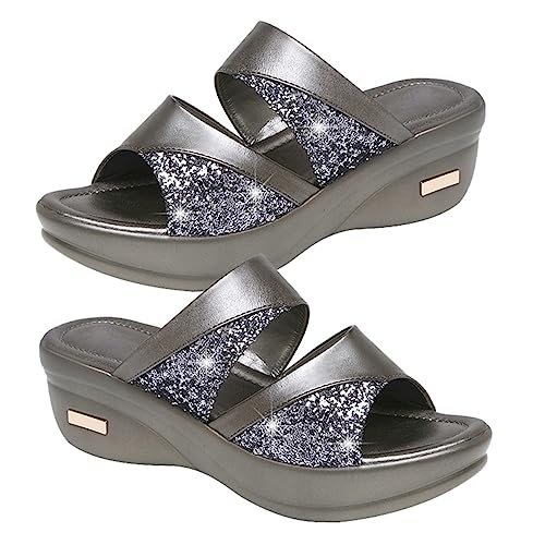 FOMIYES Damen Keilabsatz Sandalen Sommer Wedges mit Dicker Sohle Stylische Offene Fischmaul Design Graue Rutschfeste Bequeme Outdoor Slippers für Frauen Casual und Strandtauglich von FOMIYES