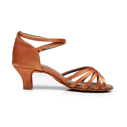 FOMIYES Damen Latin Dance Schuhe Satin Absatz Komfortable Ballroom Tanzschuhe für Damen und Mädchen mit Verstellbarem Knöchelriemen Flexibel und Leicht für Salsa Tiefes Hautfarben von FOMIYES