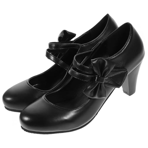 FOMIYES Damen Mary High Heels mit Schleifen Design Grober Absatz Geschlossener Zehenpartie rutschfeste Sohle Pumps für Party Büro Hochzeit Schwarz von FOMIYES