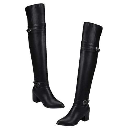 FOMIYES Damen Overknee Boots aus PU mit Hohem Blockabsatz Rutschfeste Verschleißfeste Sohle Atmungsaktive Herbst winter Stiefel für Eleganten Komfort und Sicheren Halt in Schwarz von FOMIYES