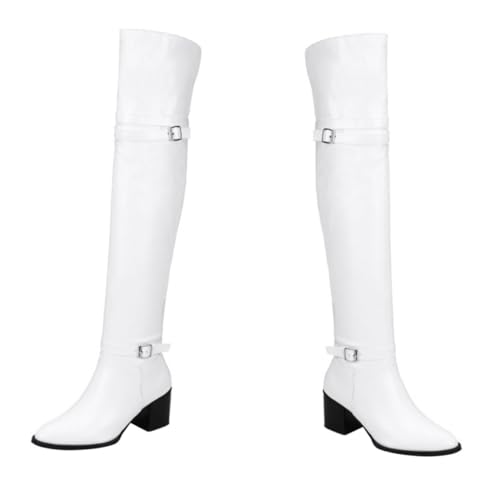 FOMIYES Damen Overknee Stiefel Weiß mit Dickem Absatz Rutschfeste Gummisohle Hohe Stiefel für Herbst Winter Warm Gefüttert Bequemer Langschaftschuh für Kalte Tage von FOMIYES
