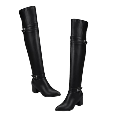 FOMIYES Damen Overknee Stiefel aus Atmungsaktivem Material Dicke High Heels Kniehohe Winter Herbstboots für Freizeit Party und Arbeit Angenehm und Warm Modisch und Langlebig Schwarz von FOMIYES
