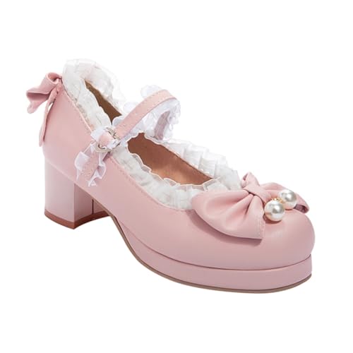FOMIYES Damen Pumps mit Schleifen Design rutschfeste Blockabsatz Schuhe Mittelhoher Absatz Angenehm und Robust für Frühling und Alltag Modische Lolita Optik Rosa von FOMIYES