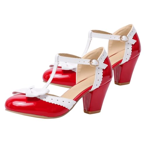 FOMIYES Damen Sandalen Absatz Sommer Bow High Heel Sandaletten Runder Zehenbereich Wadenfreundlicher Absatz Rote Mode Damenschuhe von FOMIYES