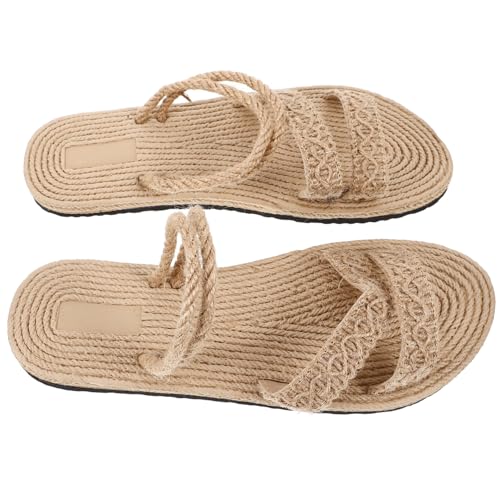 FOMIYES Damen Sandalen Flach Sommer Sandaletten Strandmode Imitation Geflochtenes Bastmaterial Bequeme Pantoletten Offene Zehen Beige für Alltag und Urlaub von FOMIYES