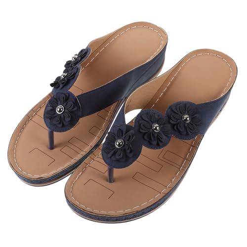 FOMIYES Damen Sandalen Keilabsatz Sommer Schuhe Komfortable Strand Sandalen mit Blumenmuster Stilvoller Rutschfester Sommerschuh für Frauen Blau von FOMIYES