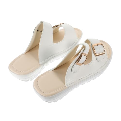 FOMIYES Damen Sandalen Weiß Echtleder Sommerschuhe Leichte Pantoletten Wedges Keilabsatz Atmungsaktiv Komfort Für Urlaub Freizeit Strandspaziergang von FOMIYES