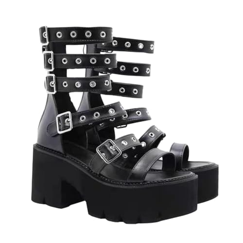 FOMIYES Sandalen Damen Plateau High Heels Schwarz Chunky Absatz Atmungsaktiv Bequem Römische Sommer Sandalen mit Gürtelschnalle Klassische Damenschuhe für Party und Alltag von FOMIYES