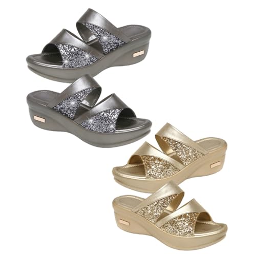 FOMIYES Damen Sandalen mit Dicker Keilsohle Offene Fischmaul Pantoletten Goldfarbene Outdoor Slipper Bequeme Sommer Wedges für Frauen Rutschfest Leicht Anzuziehen von FOMIYES