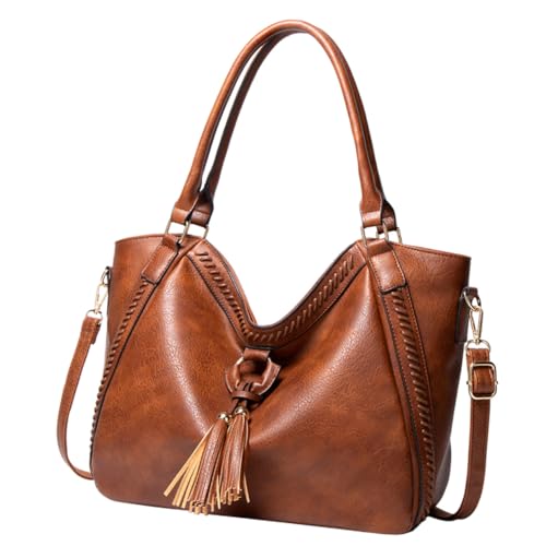 FOMIYES Damen Schultertasche mit Quaste Langlebige PU Handtasche Geräumige Umhängetasche für Alltag Reisen Shopping Weiche Verstärkte Träger Braune Vintage Crossbody Bag von FOMIYES