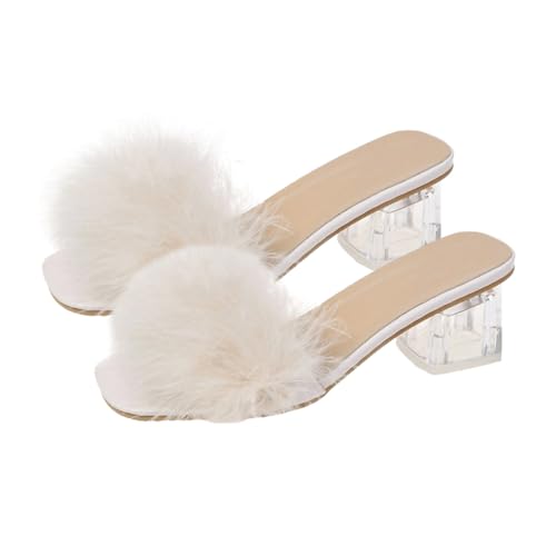 FOMIYES Damen Slippers mit Flauschigem Absatz Leichter Sommerpantoffel mit Grobem Blockabsatz und Bequeme Hausschuhe für Alltag Party und Arbeit Beige von FOMIYES