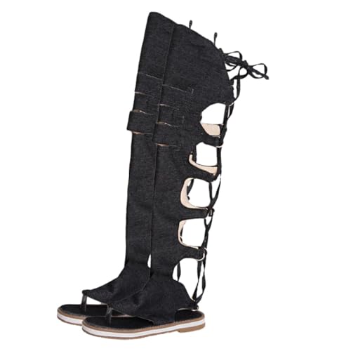 FOMIYES Damen Sommer Flache Römische Sandalen Hohe Stiefel Hollowed Out Elegant Freizeit Schuhe Schwarz von FOMIYES