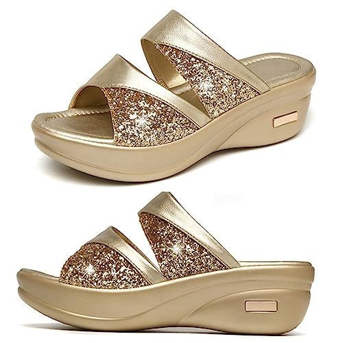 FOMIYES Damen Sommer Wedges Slipper mit Dicker Keilsohle und Glänzender Dekoration Bequeme Sandalen für Alltag und Strand Offene Zehen Goldfarbene Casual Schuhe von FOMIYES