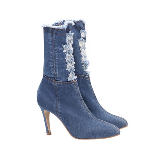 FOMIYES Damen Stiefel aus Elastischem Denim mit Dünnem Absatz Hohe Stiefel für Herbst Winter Atmungsaktiv Rutschfest Komfortabel Modisch zu Jeans und Röcken Hellblau von FOMIYES
