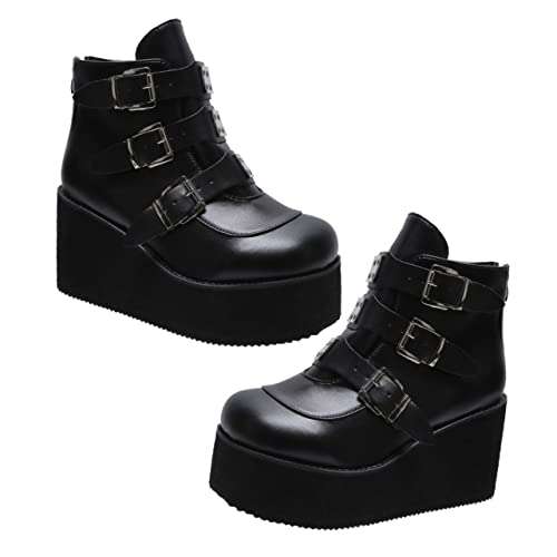 FOMIYES Damen Stiefeletten mit Dickem Absatz Runde Zehen Kurze Ankle Boots aus Hochwertigem PU Jahreszeiten Tragbar Retro Stil Bequeme Alltagsschuhe Schwarz von FOMIYES
