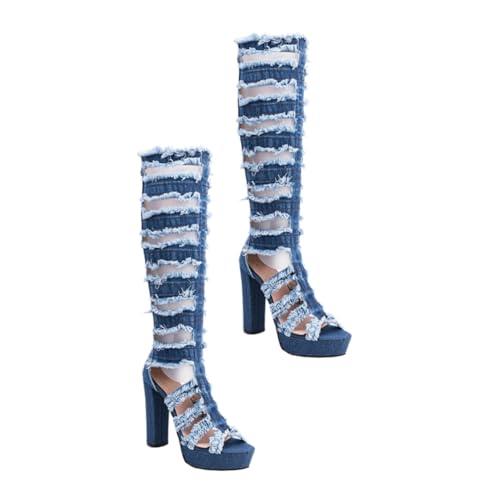 FOMIYES Damenschuhe Fashion Boots Sommer Langschaft Stiefel mit Offenem Zeh Atmungsaktiv Hohem Blockabsatz Modisch und Komfort Leichte Elastische Passung Geeignet für Alltag und Party von FOMIYES