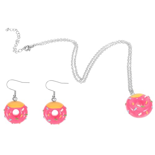 FOMIYES Edelstahl Donut Schmuckset Damen mit Anhänger und Drop Ohrringen Lebensnahes Food Design Leichtes Hautfreundliches Halskette Ohrstecker Set in Rosa Geschenk für Geburtstag von FOMIYES
