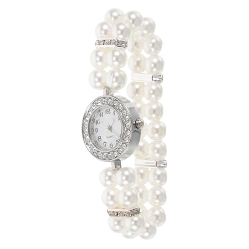 FOMIYES Elegantes Perlenarmband Damen Armbanduhr mit Funkelnden Strasssteinen Doppelte Perlenreihe Kratzfestes Kunststoff und Legierungsmaterial Stilvolles für Frauen und Mädchen zu von FOMIYES
