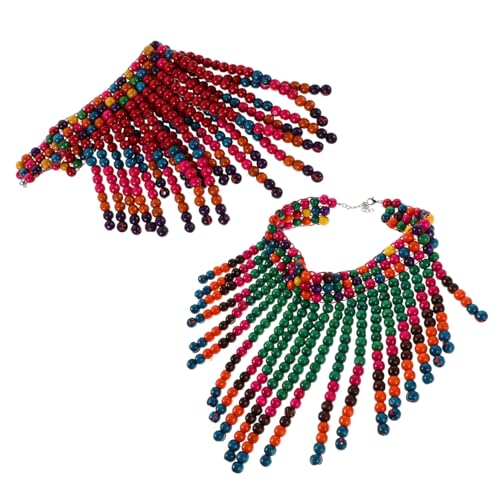 FOMIYES Ethnische Afrikanische Halskette für Frauen Bunte Holzperlen Leichte Mehrlagige Ketten mit Quasten Handgefertigter Schmuck für Alltag Büro und Freizeit Grün Bunt von FOMIYES