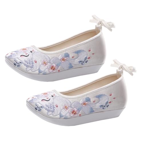 FOMIYES Ethnische Damen Hanfu Schuhe mit Dickem Keilabsatz Bestickte Atmungsaktive Stoffschuhe rutschfeste Sohle und Elegant für Bühne und Alltag Weiß von FOMIYES