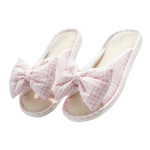 FOMIYES Feminine Peep Toe Hausschuhe Damen Baumwolle Leinen Atmungsaktiv Rutschfest Weiche Innensohle Komfortable Pantoffeln mit Schleifenmotiv für Zuhause Alltag von FOMIYES