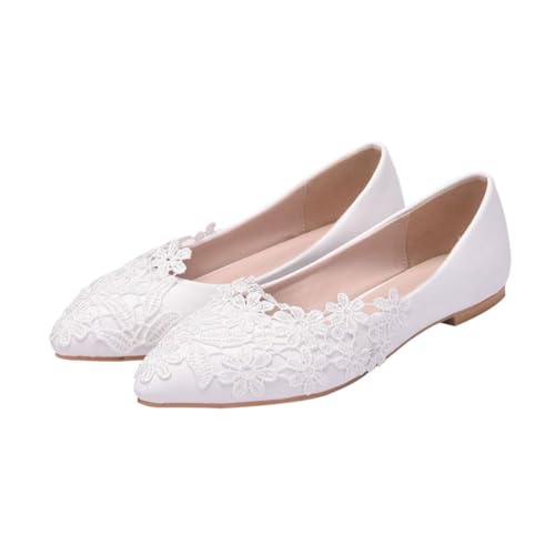 FOMIYES Flache Brautschuhe mit Spitzen Design Spitze Zehen Langlebiges Obermaterial aus PU und Vielseitig Kombinierbar für Hochzeit Alltag und Festliche Anlässe Damen Weiß von FOMIYES