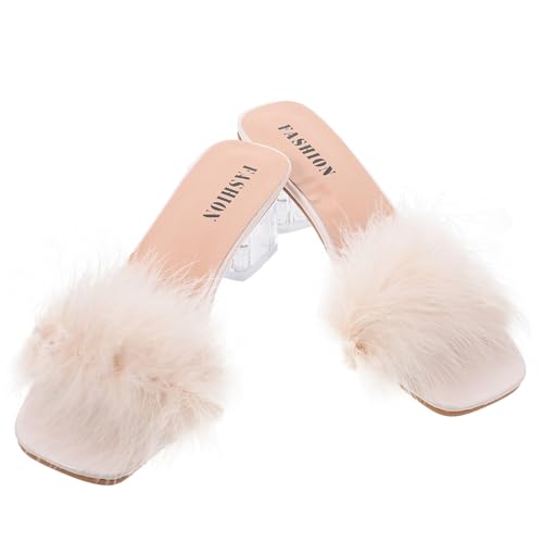 FOMIYES Flauschige Damen Sandalen mit Breitem Absatz Bequeme Hausschuhe für Sommer Fuzzy Slippers mit Weichem Fußbett Geeignet für Alltag Party und Arbeit Vielseitig Kombinierbar von FOMIYES