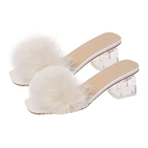 FOMIYES Fluffy Fuzzy Damen Pantoletten mit Grobem Absatz Sandalen Slippers für Sommer Bequeme Slides mit Weichem Futter Geeignet für Party Alltag und Arbeit Beige von FOMIYES