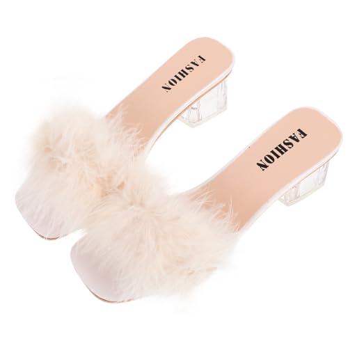 FOMIYES Fluffy Heels Damen Hausschuhe Sommer Sandalen mit Kuscheligem Fell und Bequemer Innensohle Robuste Slipper für Alltag Party und Arbeit Vielseitig Kombinierbar mit Jeans und Rock von FOMIYES