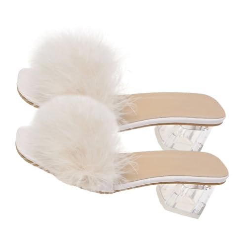 FOMIYES Fluffy Heels Damen Sandalen Sommer Slippers Kuscheliger Absatz Modisch Vielseitig Beige von FOMIYES