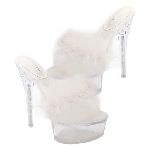 FOMIYES Fluffy High Heel Sandalen Damen Transparente Dünne Absätze Flauschige Sommerpantoletten Modische Hausschuhe Bequeme Leichte Slipper für Alltag und Party von FOMIYES