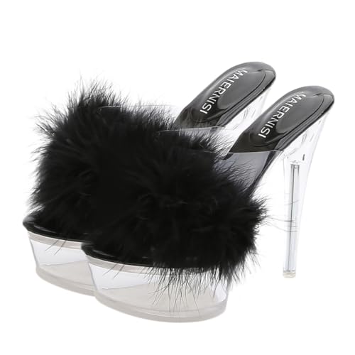 FOMIYES Fluffy High Heeled Sandalen Damen Elegant Dünner Absatz Weiche Slipper Outdoor Party Schuhe Schwarz von FOMIYES