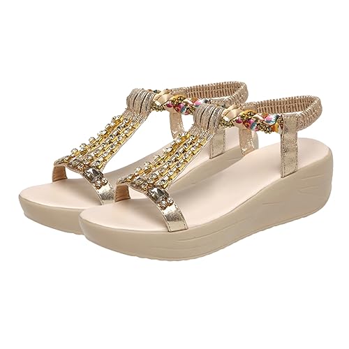 FOMIYES Goldene Damensandalen mit Keilabsatz Rutschfeste Gummisohle Strandschuhe mit Funkelndem Strassriemen Bequeme Sommer Slipsole Sandaletten für Damen und Mädchen von FOMIYES