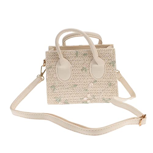 FOMIYES Große Kapazität Strohtasche Damen Handgefertigte Geflochtene Schultertasche Patchwork PU Weiß Vielseitige Strand und Einkaufstasche Leicht und Praktisch von FOMIYES