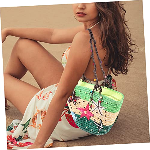 FOMIYES Handgefertigte Strohtasche Damen Leichtes Weizenstroh Strandtasche Geräumige Umhängetasche für Einkaufen Reisen Alltag und Strandurlaub Grüne Handgewebte Schultertasche von FOMIYES