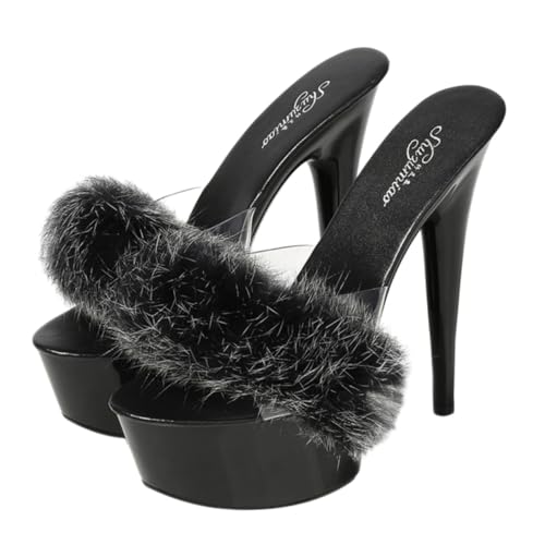 FOMIYES High Heeled Sandals Damen Sommer Schwarz Fluffige Deko Offene Zehen Modische Tip Schuhe Komfortable Verarbeitung von FOMIYES