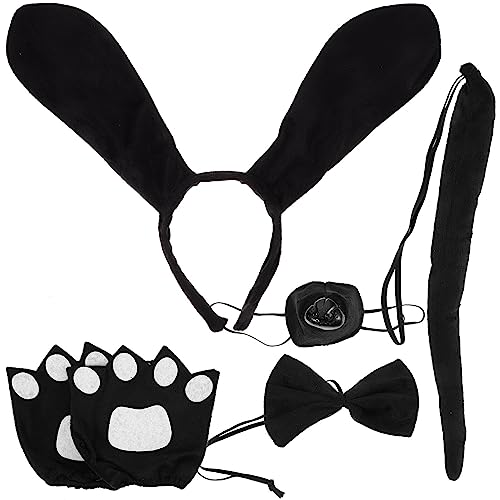 FOMIYES Hundekostüm-Set Inklusive Hundeohren Stirnband Fliege Künstliche Nase Schwanz Welpenpfote Handschuhe Tierkostüm-Zubehör Halloween-Party Cosplay-Dekorationen Schwarz von FOMIYES