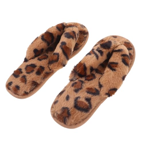 FOMIYES Leopard Muster Plüsch Pantoffeln Damen Warm Gefüttert Rutschfest Weiche Indoor Hausschuhe Komfortable Kreuzband Slipper für Herbst Winter Zuhause von FOMIYES