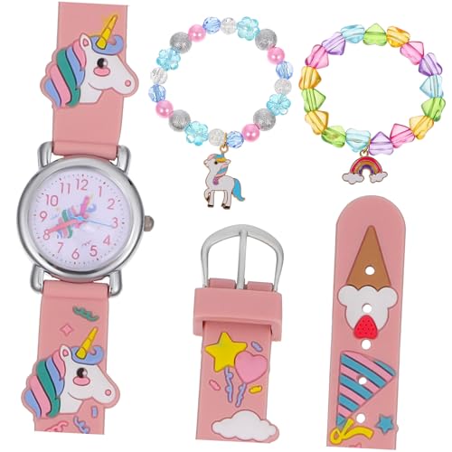 FOMIYES Mädchen Armbanduhr und Armband Set mit Einhorn Motiv Quarzuhr mit Buntem Silikonband Leicht und Komfortabel Perlen und Herz Perlenarmbändern Geschenkidee für Geburtstag und von FOMIYES