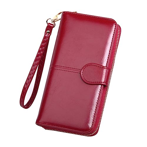 FOMIYES Ölwachs -Leder -Brieftasche Beutel Reißverschluss Damen Lange Geldbörse Brieftasche mit Schnappverschluss rot von FOMIYES