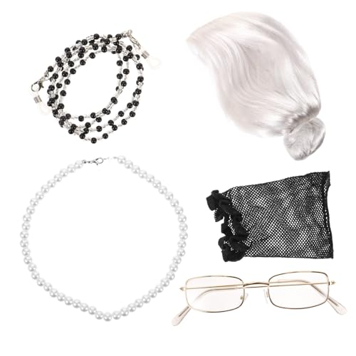 FOMIYES Old Lady Cosplay Set Großmutter Perücke Brille Perlenkette Ohrringe für Karneval Halloween Mottopartys Realistisches Kostümzubehör für Frauen Männer von FOMIYES