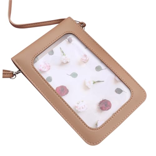 FOMIYES PVC Crossbody Bag Damen Kleine Handytasche mit Klappverschluss Transparente Fenster Doppel Fächer Leichte Umhängetasche für Alltag und Freizeit Khakifarbene Messenger Phone von FOMIYES