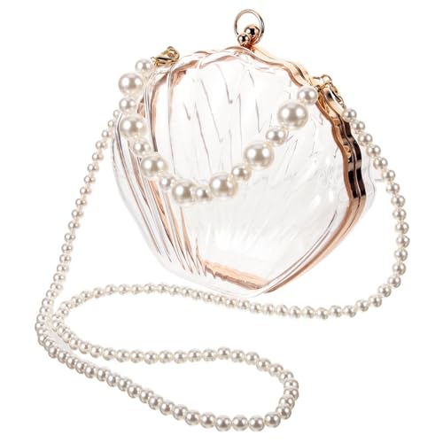 FOMIYES Perlenbesetzte Muschelhandtasche Damen Transparente Modische Schultertasche mit Kette Vielseitige Crossbody Bag für Strand Urlaub und Alltag Geräumig und Langlebig von FOMIYES