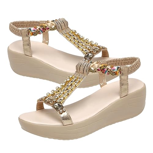 FOMIYES Rhinestone Keilsandalen Damen Slip Sandaletten Mittelabsatz Sommer Strandschuhe Elegant Gold für Alltag Party Festliche Anlässe von FOMIYES