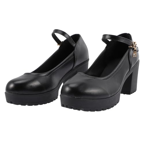 FOMIYES Runde Damen High Heels mit Niedrigem Schuhausschnitt Strapazierfähiges PU Chunky Absätze und Vielseitig für Arbeit Party Hochzeit und Festliche Anlässe Schwarz von FOMIYES