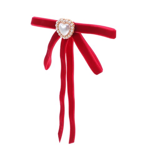 FOMIYES Samtbrosche Damen Schleifenbrosche mit Herzperle Vorgefertigte Fliege Langlebige Handarbeit Weinrot Vielseitiger Anstecker für Hochzeit Party Uniform Valentinstag Accessoire von FOMIYES